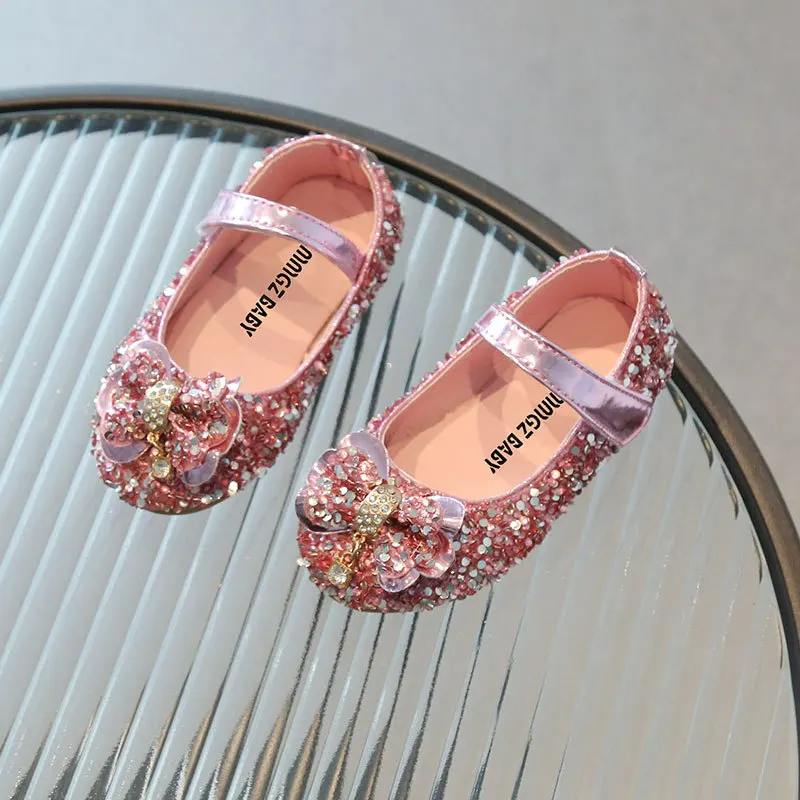 

Bling Sequins With Bowtie Children's Dress Shoes For Party Wedding Princess Girls Shoes Sweet Kids Glitter Leather Shoes
