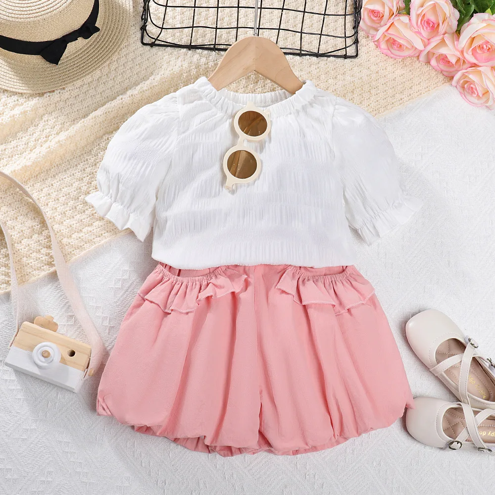 

2023 New Child Clothes Sets Short Sleeve O Neck T-shirt Pink Ruffles Shorts Dress 2 Piece Sets Designer Girls Clothes Set 18M-7T