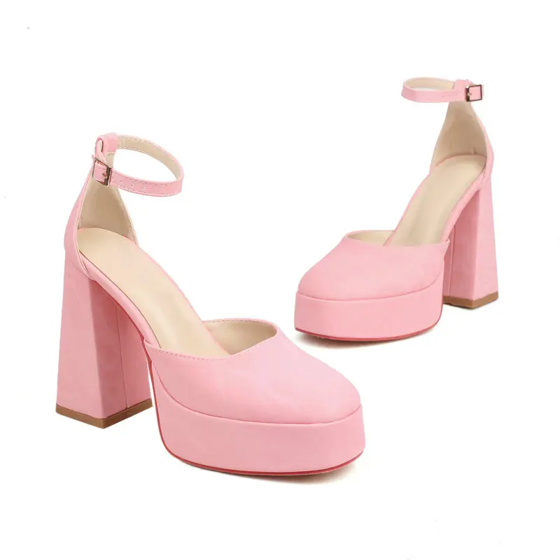 Orange Pink Closed Toe 2023 Summer Sexy Lady Party Wedding Pumps Platform Mary Janes Block High Heels Women Heeled Sandals Shoes