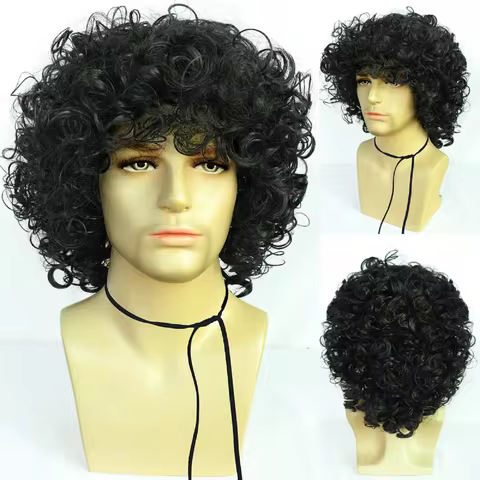 Synthetic Medium Length Black 70s 80s Mullet Rockstar Disco Curly Wig for Men Natural COS Anime Cosplay Wig