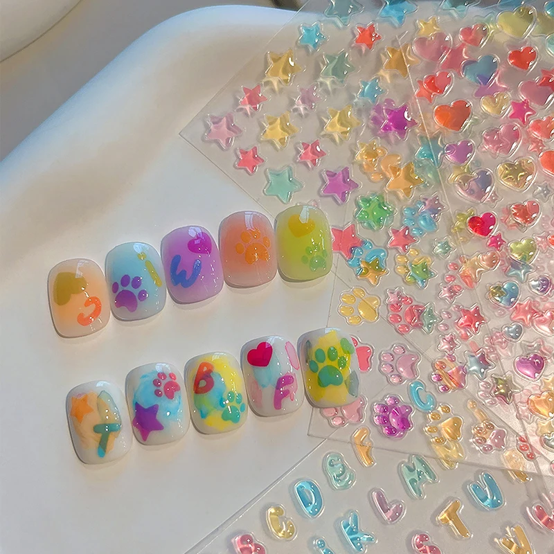 Jelly Style Love Nail Stickers Ice trasparente colorato Super carino Versatile Cat Paw nastro adesivo posteriore per unghie a stella a cinque punte