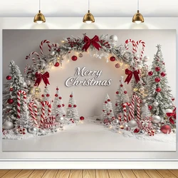 Merry Christmas Backdrop Xmas Tree Snowflake Red And White Cane Sugar Background Kids Baby Shower Portrait Banner Photo Studio