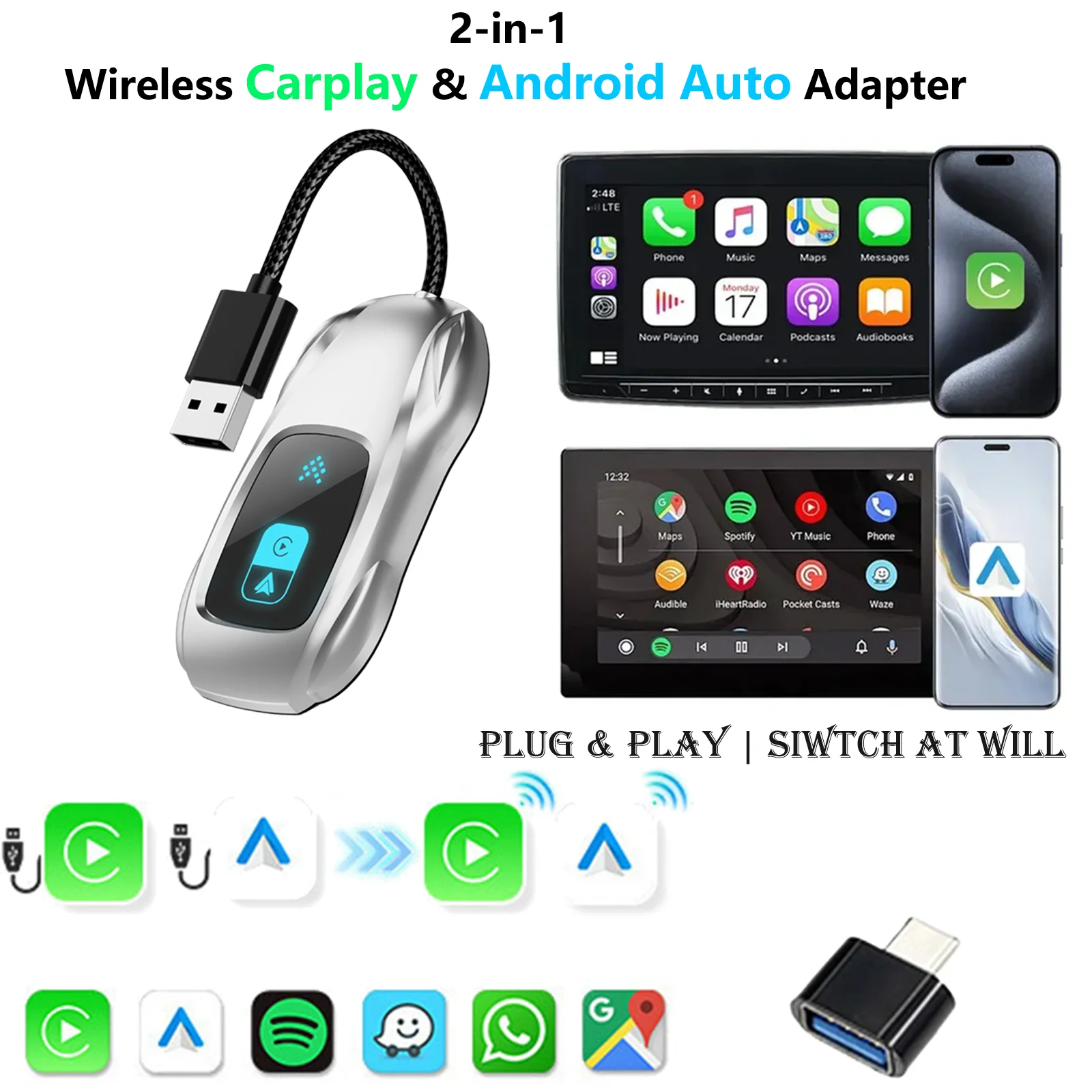 

Беспроводной адаптер CarPlay 2-в-1 для iPhone — автоматическое подключение Plug & Play, Wi-Fi 5 ГГц с низкой задержкой, совместимость с iOS 10+ и проводным CarPlay