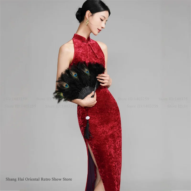 

Китайское платье-ципао в винтажном стиле, сексуальное, больших размеров, осенне-зимнее, классическое, бархатное, длинное, вечернее платье-ципао