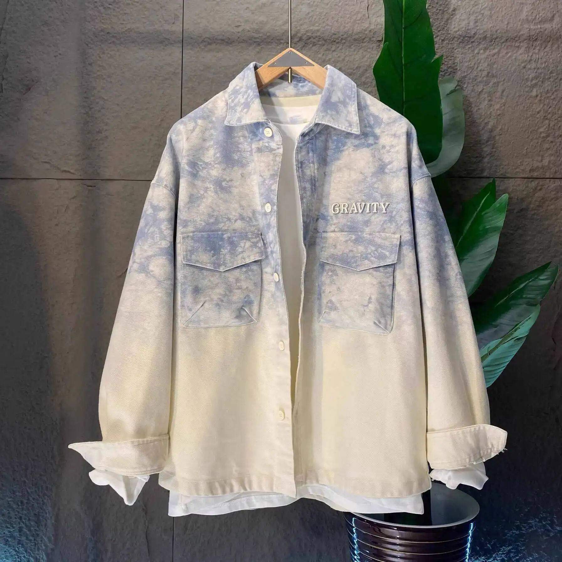 

Unisex Denim Jacket Washed Tie Dye Gradient Denim Shirt Autumn New Embroidered Jacket Loose Oversized Unisex Couple Top