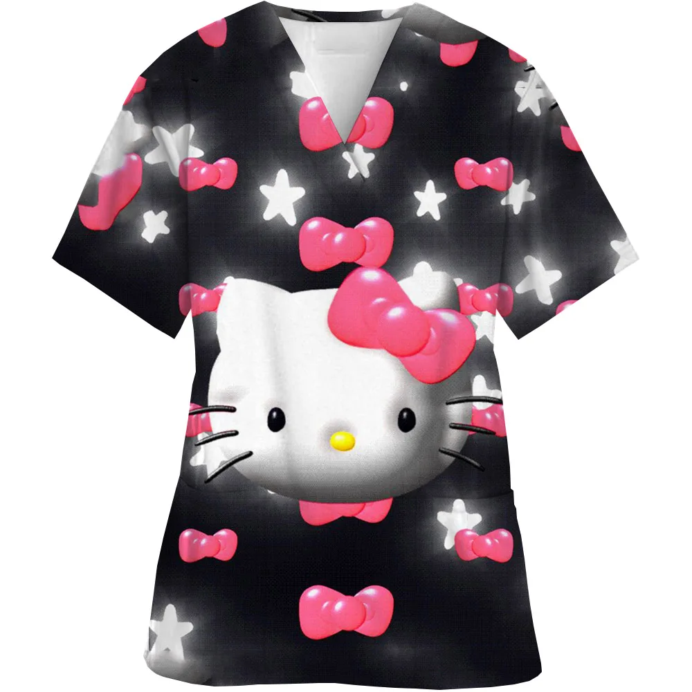 Beach Style Hello Kitty Scrubs Medical Uniforms Woman Hello Kitty Cartoon Printed Nurse Tops Pet Groom Short Sleeve Carer Clothe