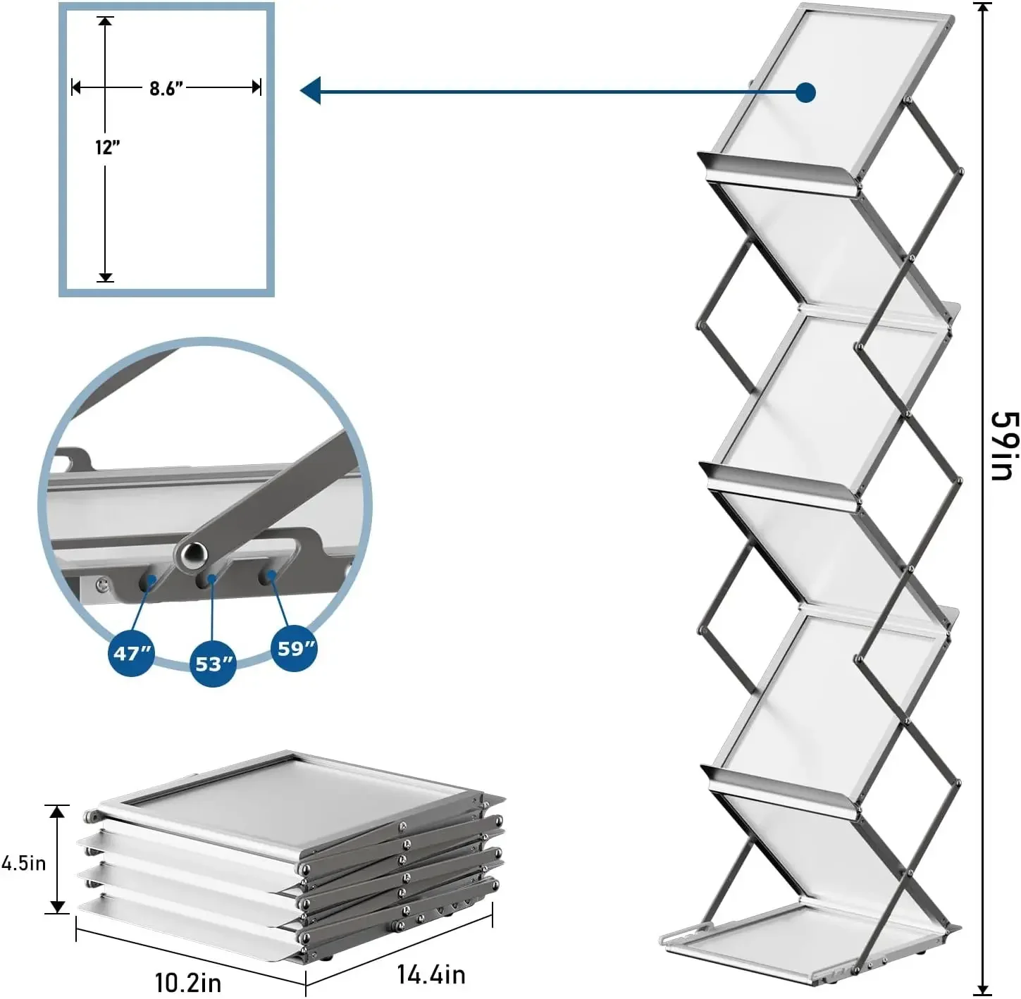 6 Pockets Magazine Rack, Foldable Aluminum Brochure Catalog Literature Display Stand with Carrying Bag for Exhibition, Trade Sho