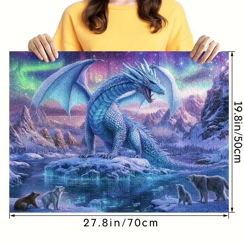 Puzzle del drago dell'orella 1000 - Grandi scene fantasy 3D con blu vivaci e viola, montagne dettagliate e scene di neve, Perf