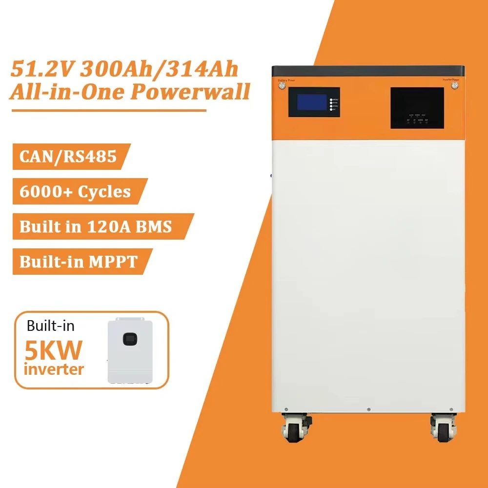 All in One 51.2V 300Ah Solar System LiFePO4 Battery 15KW Power Wall Built-in 5KW Inverter with CAN Communication 6000 Cycle Life
