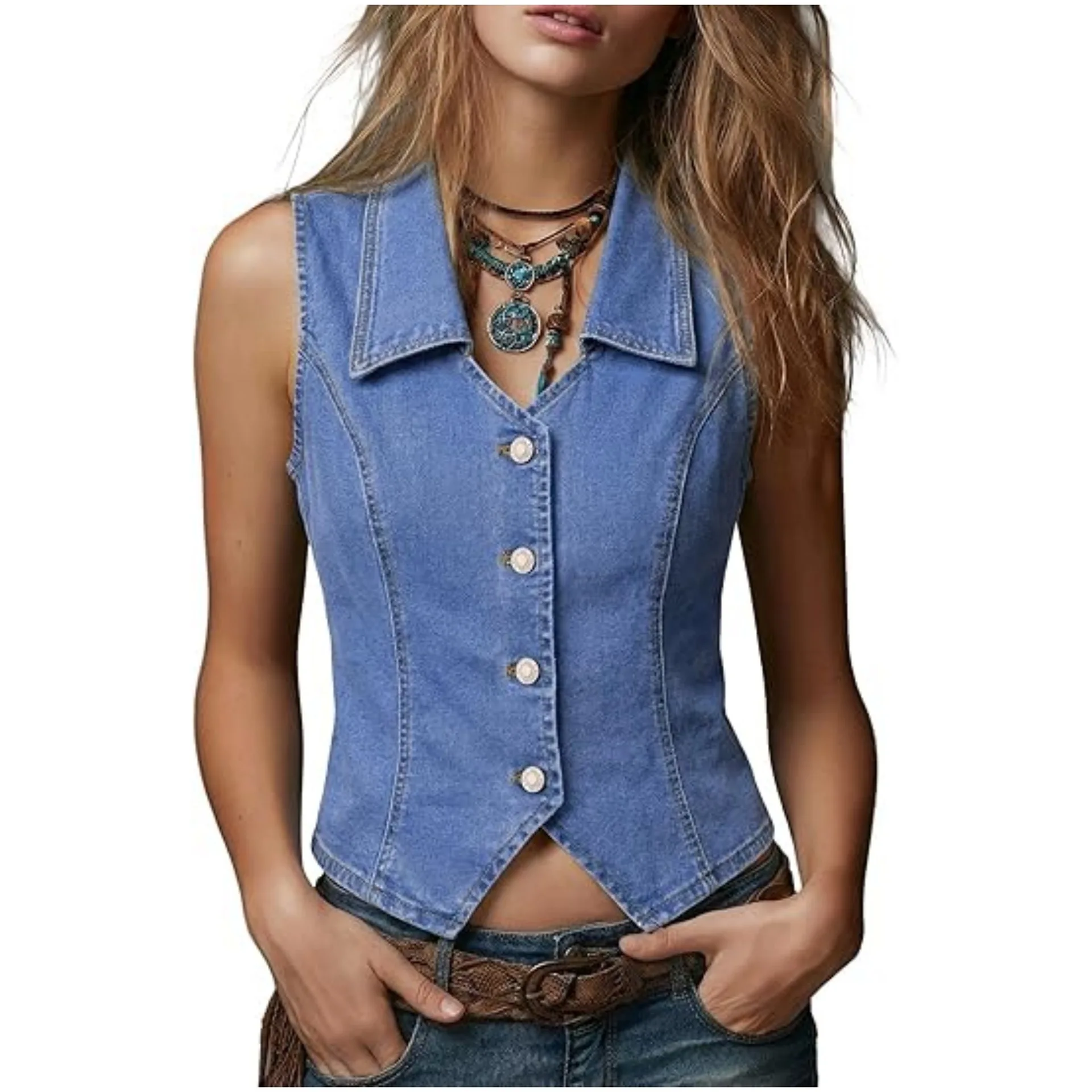2026 Women's Clothing European American Denim Vest Jacket Lapel Sleeveless Button Fashion Clothing Vest Tops Female Waistcoat