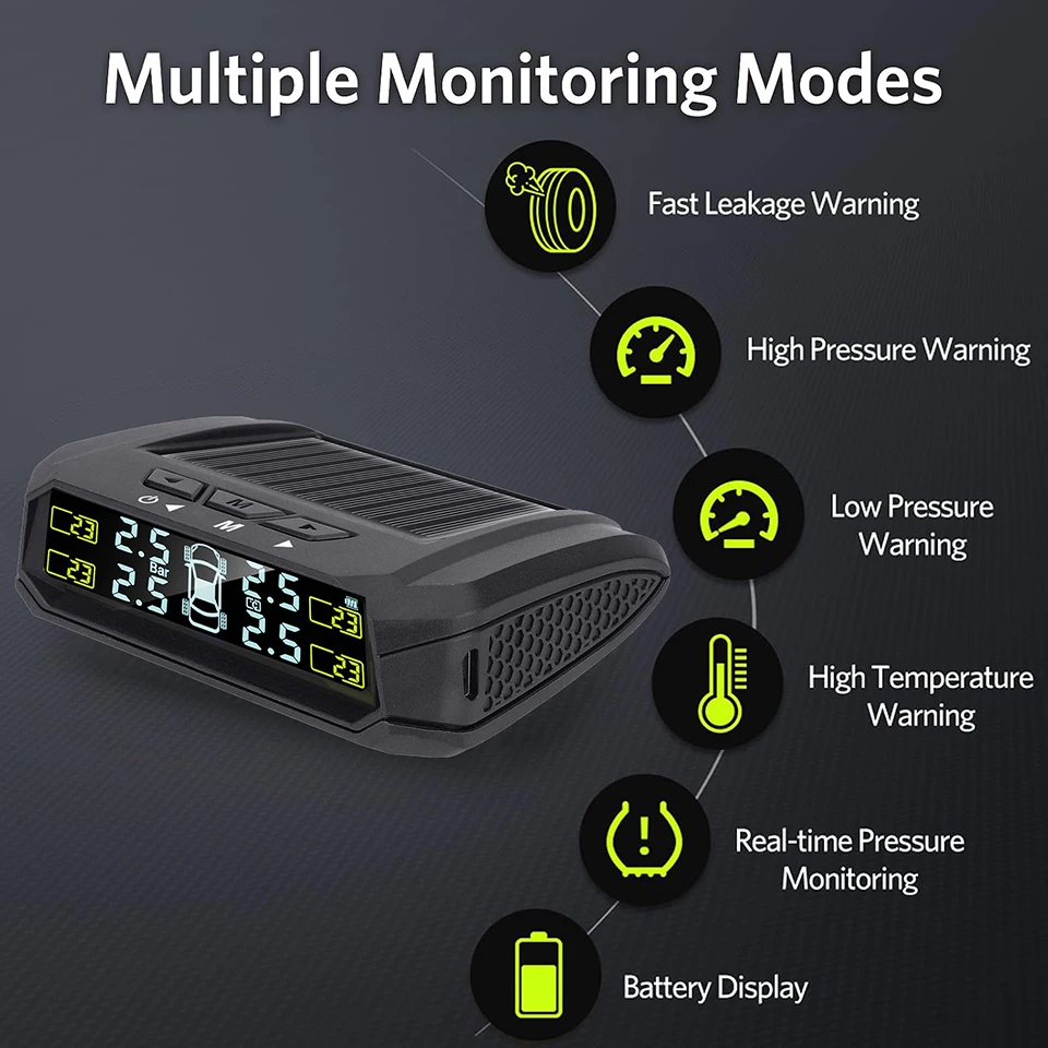 E-ACE TPMS Car Tire Pressure Wireless Monitor System Alarm Digital Display 4 Sensors USB Solar Charging Auto Security Accessory