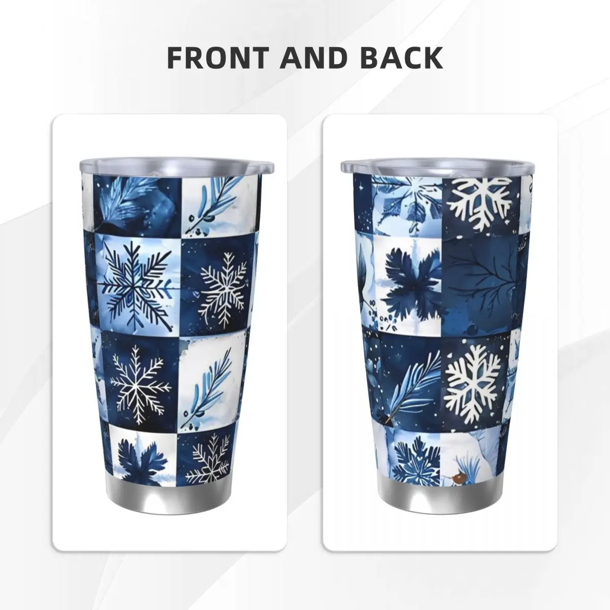 Blue Winter Snowflakes Patchwork Insulated Tumbler with Lid Christmas Vacuum Coffee Mugs Double Wall Car Bottle Cup, 20oz