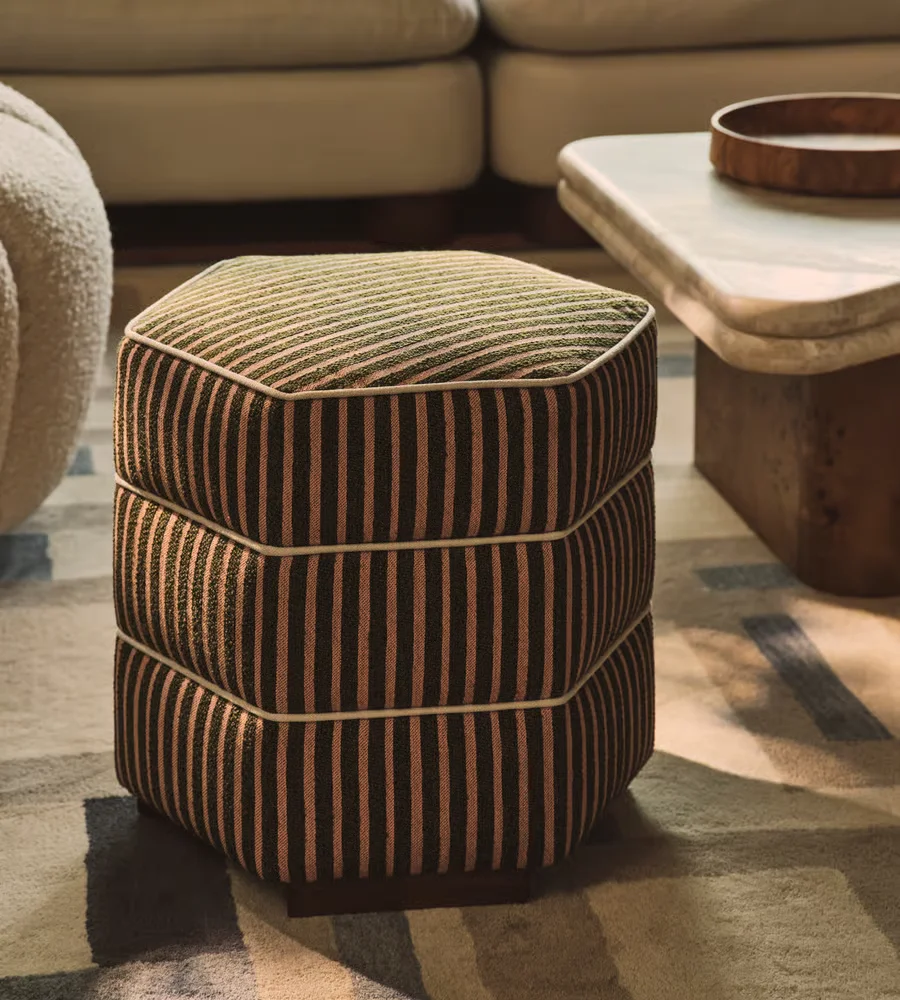 Vintage Hexagonal Contrast Striped Velvet Ottoman Luxury Living Room Solid Ash Wood