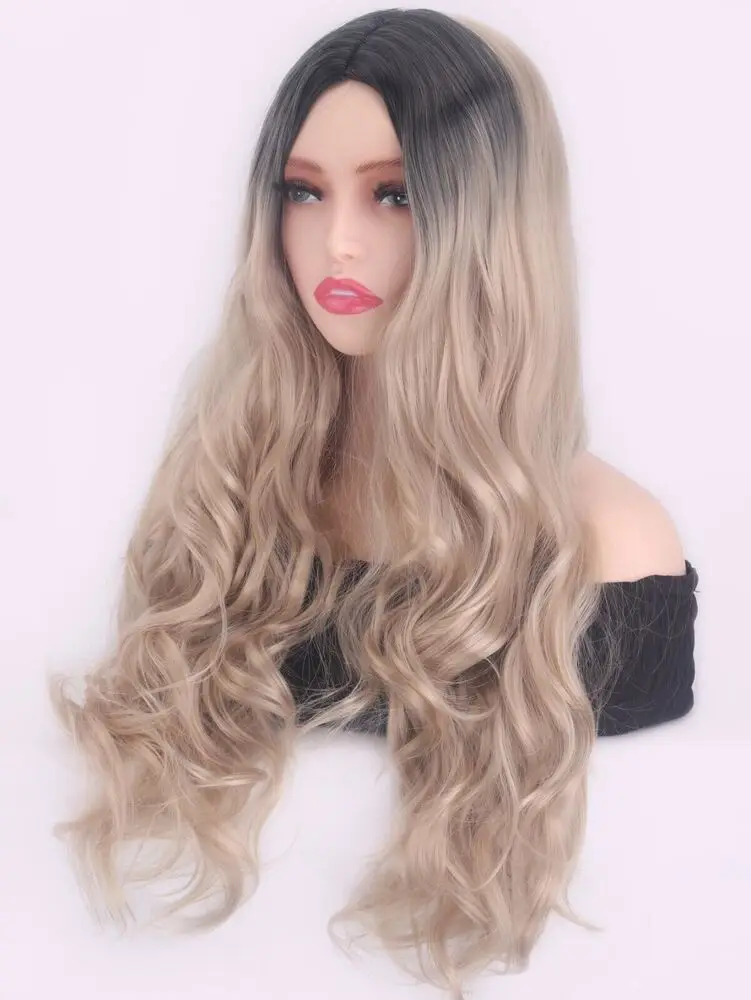 100% Human Hair New Women\'s Long Natural golden blond Wavy Full 28 Inch Wigs