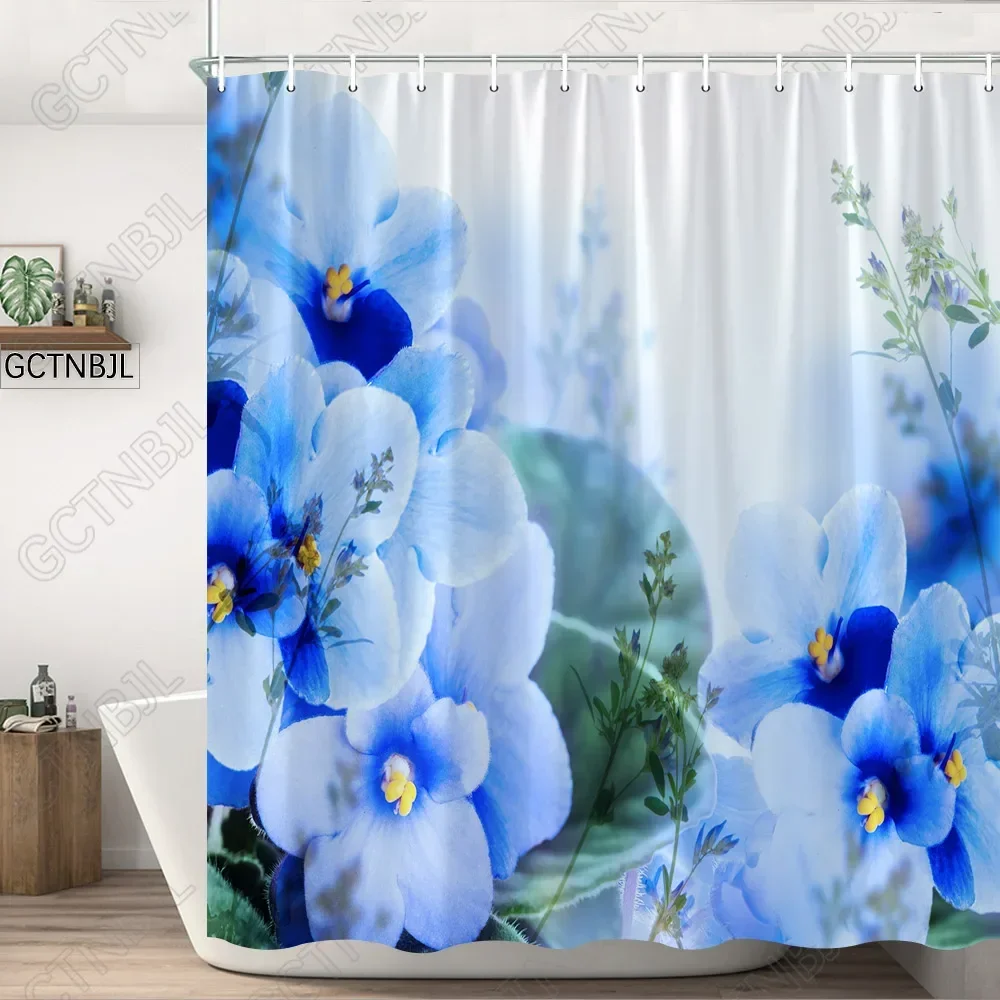 4Pcs/Set Blue Flowers Shower Curtain Bath Mat Spring Floral Print Fabric Bathroom Curtain Anti Slip Floor Rug Carpet Toilet Lid