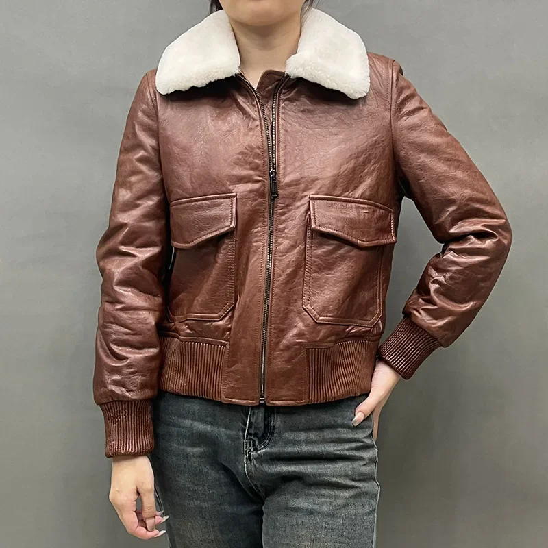 Lady Fashion Sheepskin Leather Bomber Jacket Real Wool Collar Genuine Vegetable Tanned Leather Coat Women's Clothing