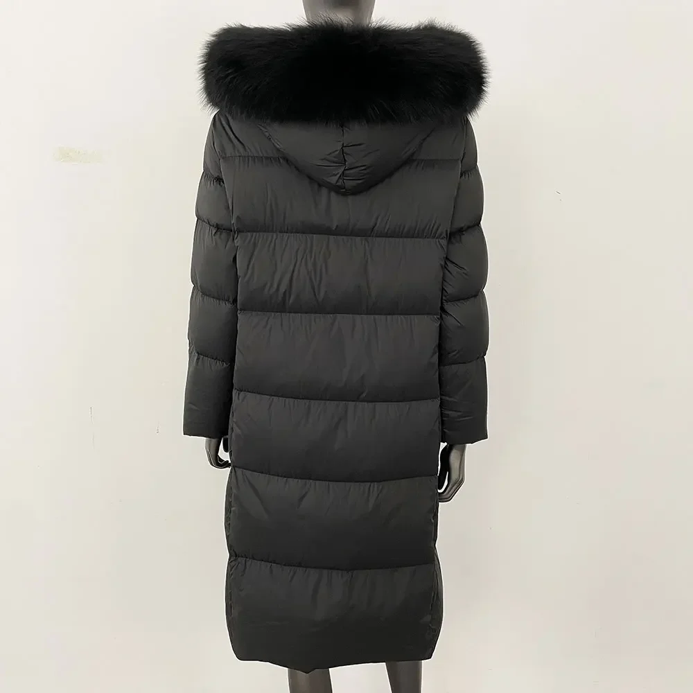 CXFS 2025 겨울 여성 코트 리얼 천연 여우털 칼라 두꺼운 따뜻한 롱 재킷 캐주얼 화이트 덕다운 벨트 신상 후드 아우터