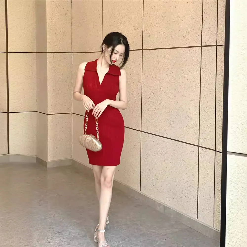 

6455 New Hong Kong Style Sexy Pure Desire Hot Girl Turn-Down Collar Sleeveless Deep V-Neck High Waist Short Dress