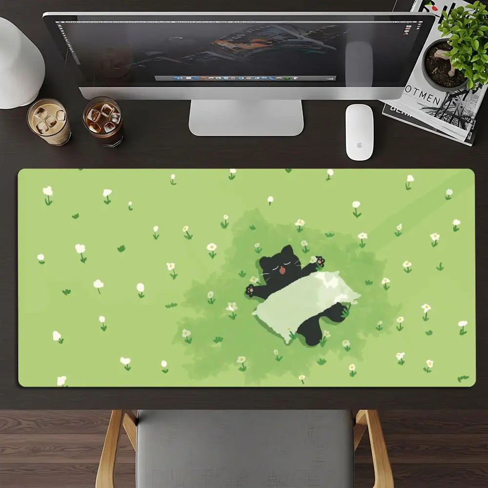 Large Kawaii Sleeping Black Cat XXL Gaming Mouse Pad Green Grass Deskmat Non-Slip Rubber PC Keyboard Game Desk Mats Mousepads