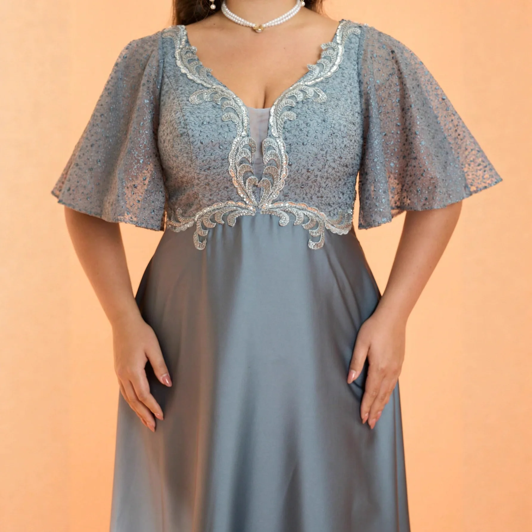 Ele Large Size Women's Dr Lace Satin Evening Gown Host Dr round Ne Chinese Production Summer mid Waist