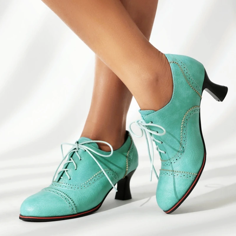 Vintage Low Short Heels Pumps Loafers Shoes Blue Red Black Women\'s Heeled Lace-up Casual Party Office Shoes Large Size 45 50