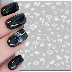 3d Nail Art Decals Elegant White Lotus Flowers Leaves Adhesive Sliders Nail Stickers Decoration For Nail Tips Manicure