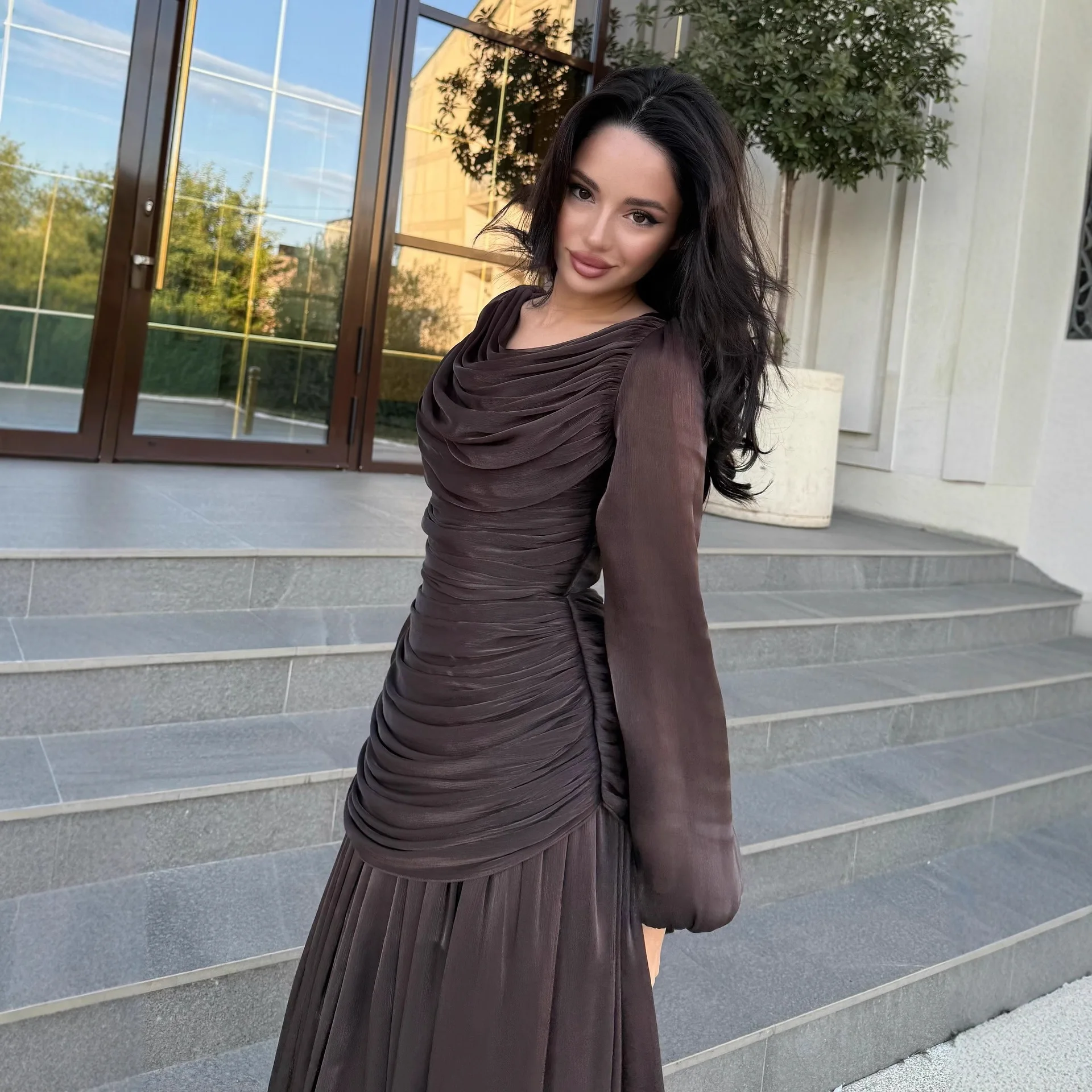 Lady Simple Fashion Party Maxi Dress Casual O-neck High Waist Pleated Evening Dress Temperament Solid Long Sleeve Banquet Dress