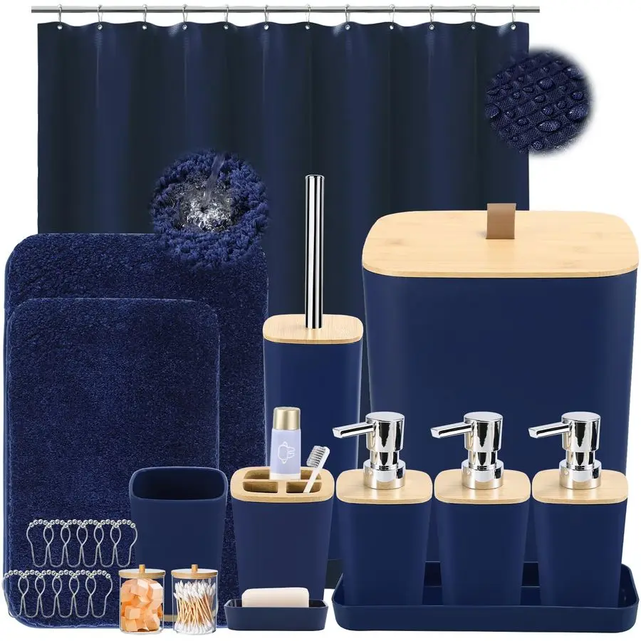 

Sets with Shower Curtain and Rugs, 27PCS Navy Blue Bathroom Accessories Set with Trash Can, Green Shower Curtain Set, No Slip Su