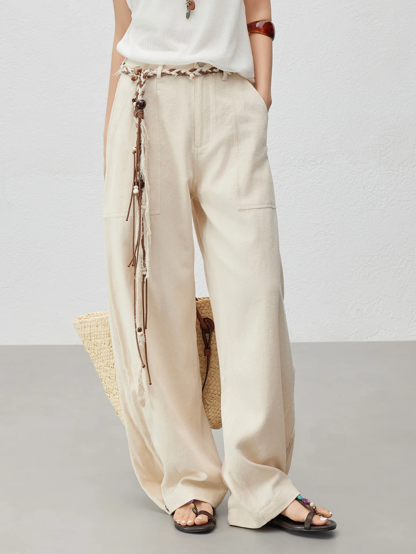 

Брюки Meiyang Nut Breeze из льняной ткани, широкие, повседневные, с регулируемой талией, из хлопка, с высокой талией, длинные, свободного кроя, лето 2025