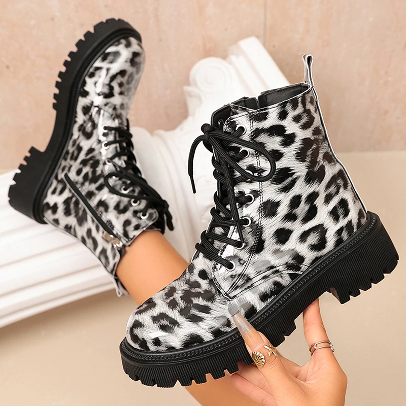 Fashion Leopard Print Platform Ankle Boots Women 2026 Autumn Patent Leather Thick Heeled Short Boots Woman Plus Size 42 Booties