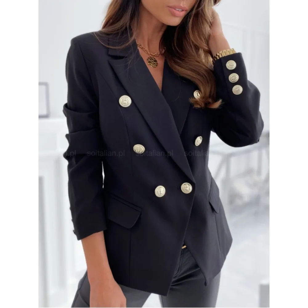 The newly launched fashionable simple long sleeved solid color double breasted exquisite women\'s suit jacket in 2024