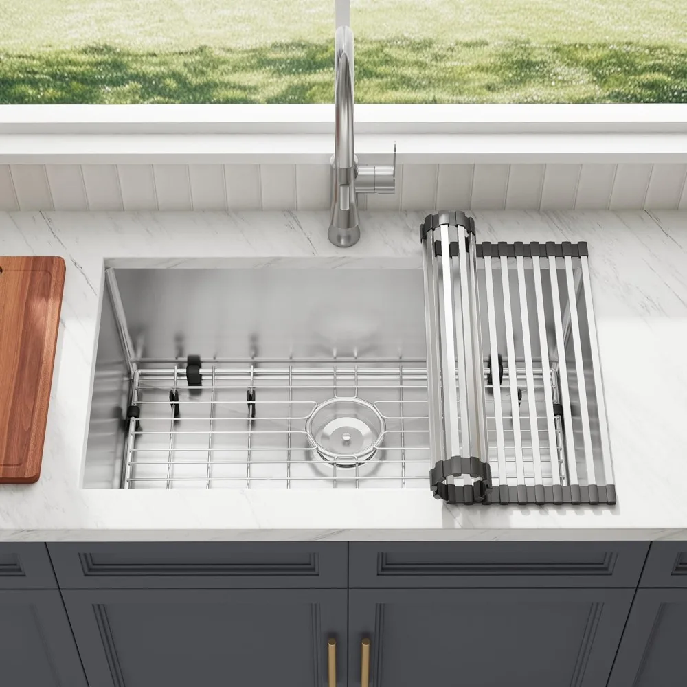 حوض مطبخ فردي من الفولاذ المقاوم للصدأ مقاس 30 بوصة - مقاس 16 بوصة، عميق، واسع، مصنوع يدويًا مع الملحقات #3