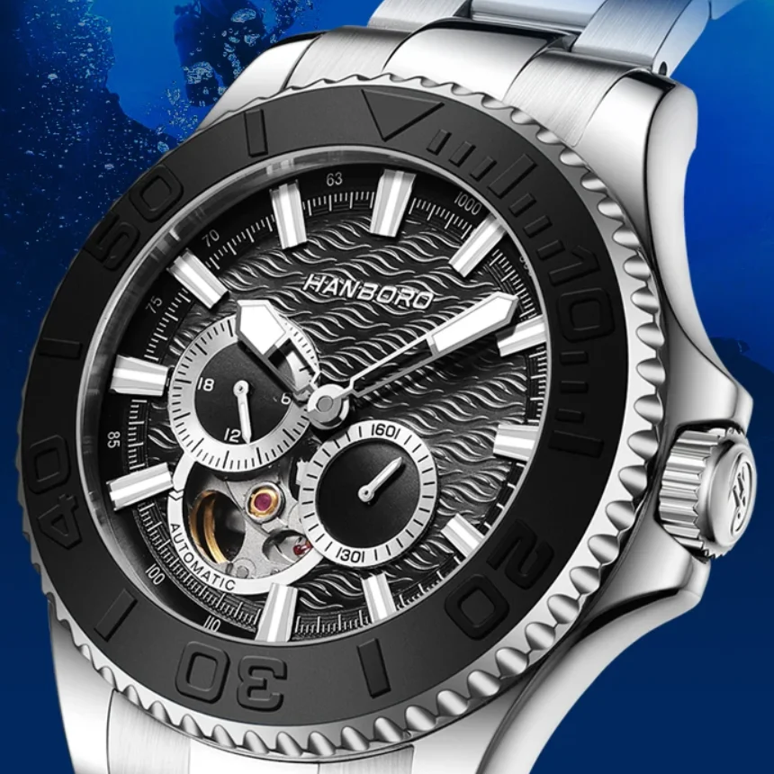 هانبورو ساعة أوتوماتيكية للرجال 43 مللي متر ساعة يد ميكانيكية رياضية مقاومة للماء هيكل عظمي مضيء حافة سيراميك 82S7 24 ساعة