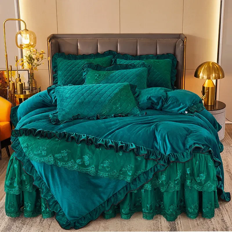 AI WINSURE-French 4pcs Bedding Set, Velvet Duvet Cover, Lace Bedspread, Queen Double King Size, Luxury, Soft Thick, for Winter