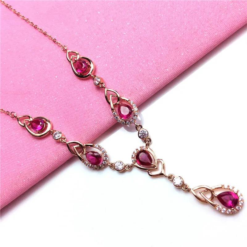 585 Purple Gold Plated 14K Rose Inlaid Water Drop Ruby Pendant new in Chain Necklace Luxury Wedding Fashion Dinner Jewelry Gift