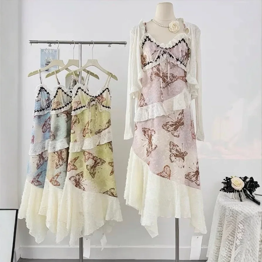 

Sweet Hot Girl Tea Break Elegant Suspender Dress Female Summer 2025 Irregular Ruffle High Waist A-line Big Swing Dress
