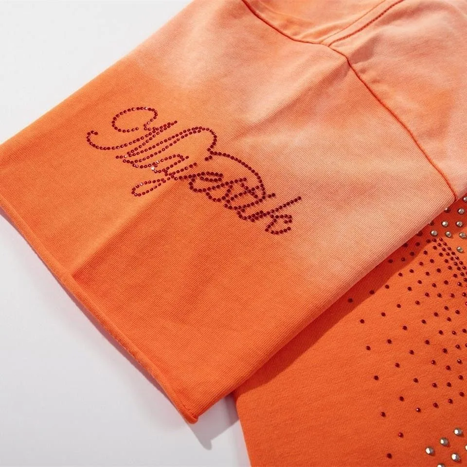 MAJESTIK Embroidered Round Diamond Ragged Washed Vintage Loosely-Fitted Trendy American Casual Short-Sleeved T-Shirt