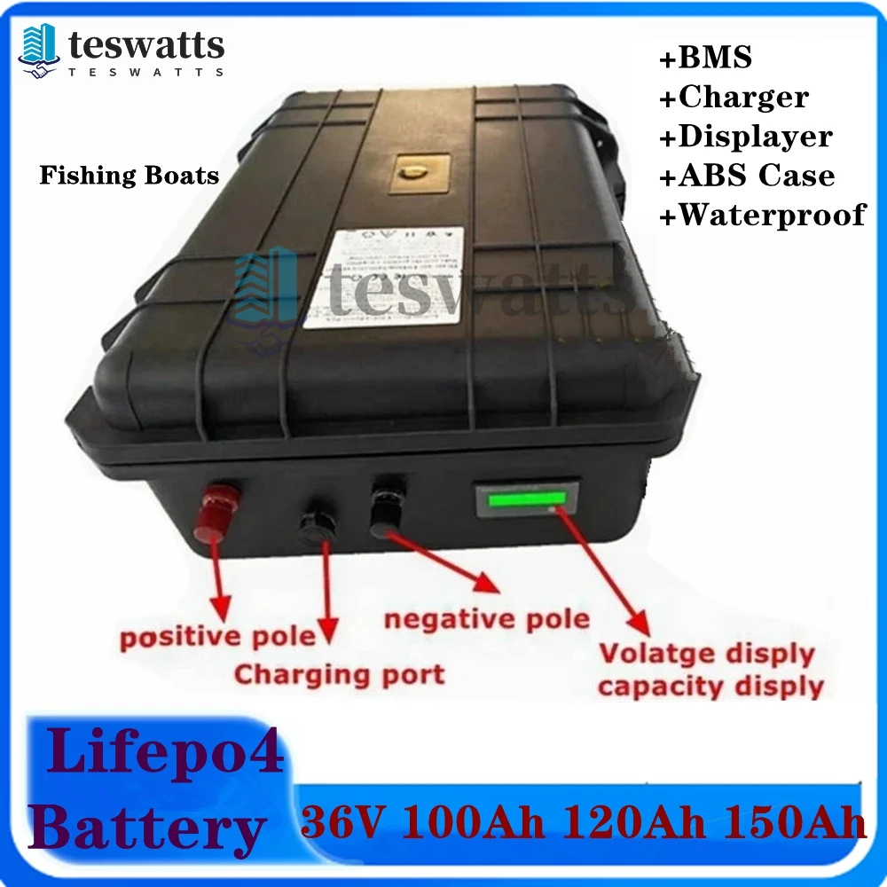 Waterproof 36V 150Ah 100Ah 120Ah LiFepo4 lithium battery pack with BMS for fishing boats solar system motor EV RV+10A charger