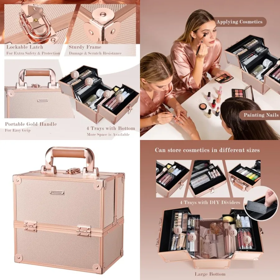 

Makeup Train Case Makeup Case Travel Cosmetic Box Organizer Portable Make Up Box with Dividers Lockable for Artist Nail Sewing