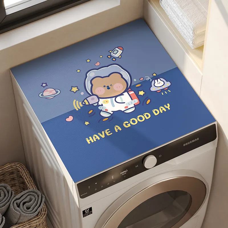 VIKAMA Space Astronaut Bear Washing Machine Top Mat Blue Planet Star Print Waterproof Anti Dust Laundry Dryer Cabinet Pad