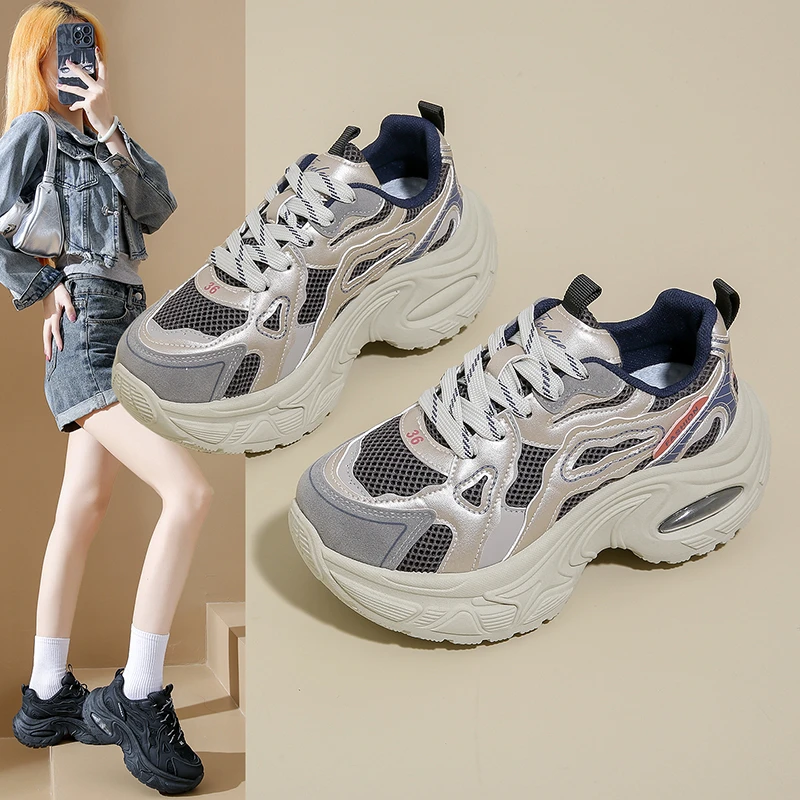 

Новинка 2024, женская вулканизированная обувь, повседневная обувь из сетчатой кожи, женская весенняя спортивная обувь на толстой подошве, дышащие женские кроссовки