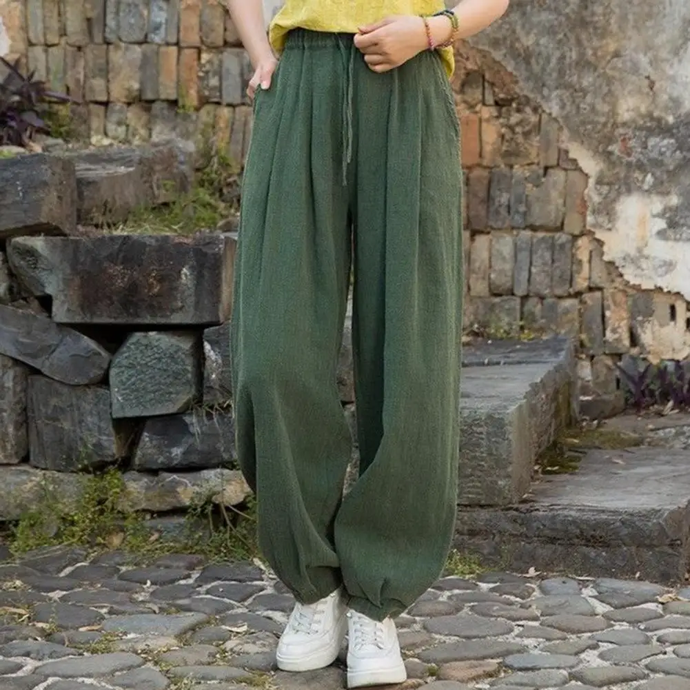 Loose-fit Long Trousers Women’s Elastic Waist Pants Adjustable Drawstring Wide Leg Trousers Solid Color Harem Style