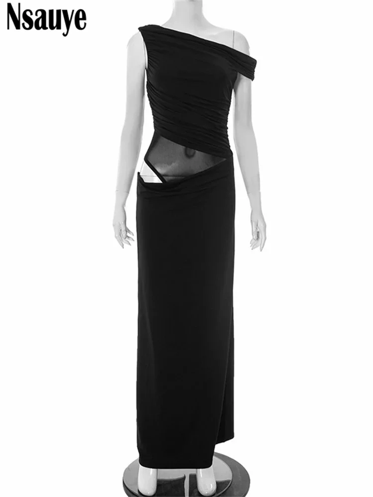 Verão roupas femininas moda elegante clube longo malha fora do ombro maxi bodycon oco para fora vestido sexy vestido de festa à noite