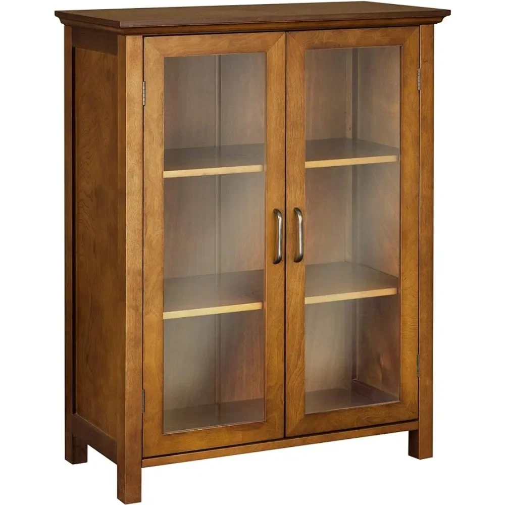 

Wooden Freestanding Floor Cabinet with 2 Adjustable Shelves 3 Storage Spaces 2 Glass Paneled Doors and 2 Antique Brass Knobs