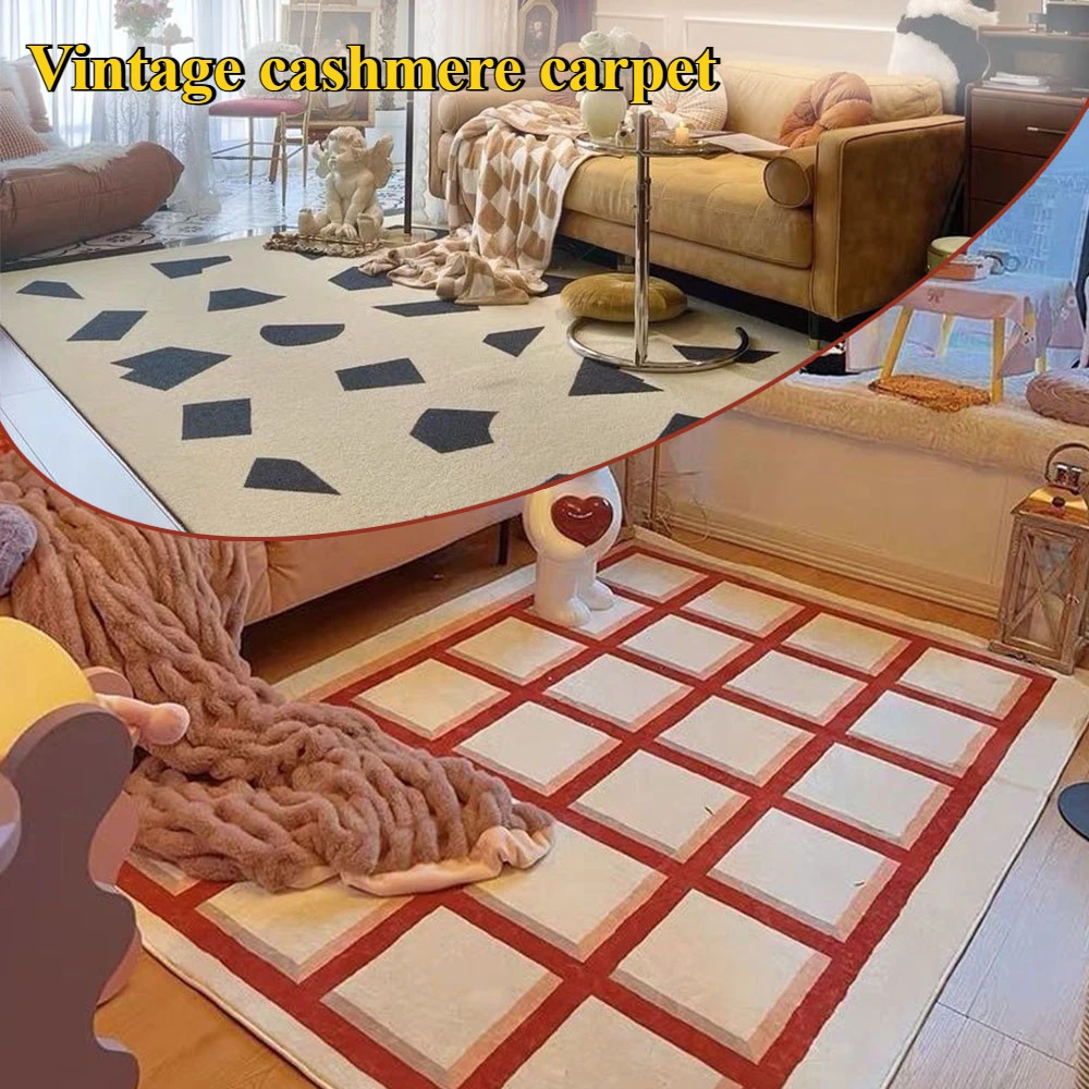 

1PC Vintage Plaid Pattern Imitation Cashmere Carpet Living Room Large Sofa Carpet Simple Household Coffee Table Carpet Full Pave