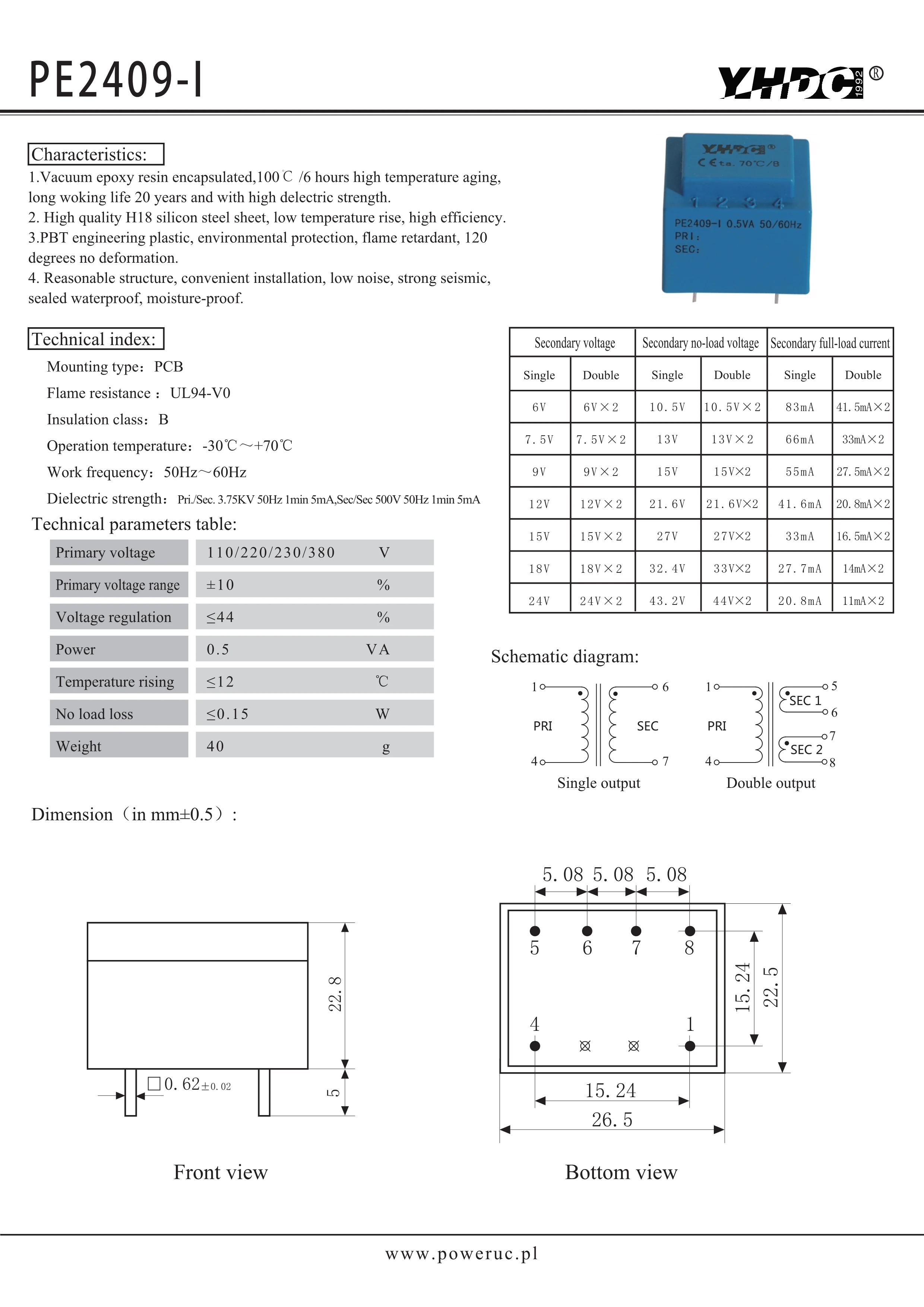 PE2409-I potenza 0.5VA 380V / 6V/7.5V/9V/12V/15V/18V/24V vuoto epossidico incapsulato isolamento di sicurezza PCB trasformatore di saldatura