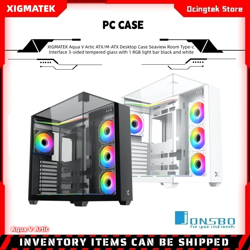 

XIGMATEK Aqua V ATX/M-ATX Desktop Case Seaview Room Type-c Interface 3-sided tempered glass with 1 RGB light bar black and white