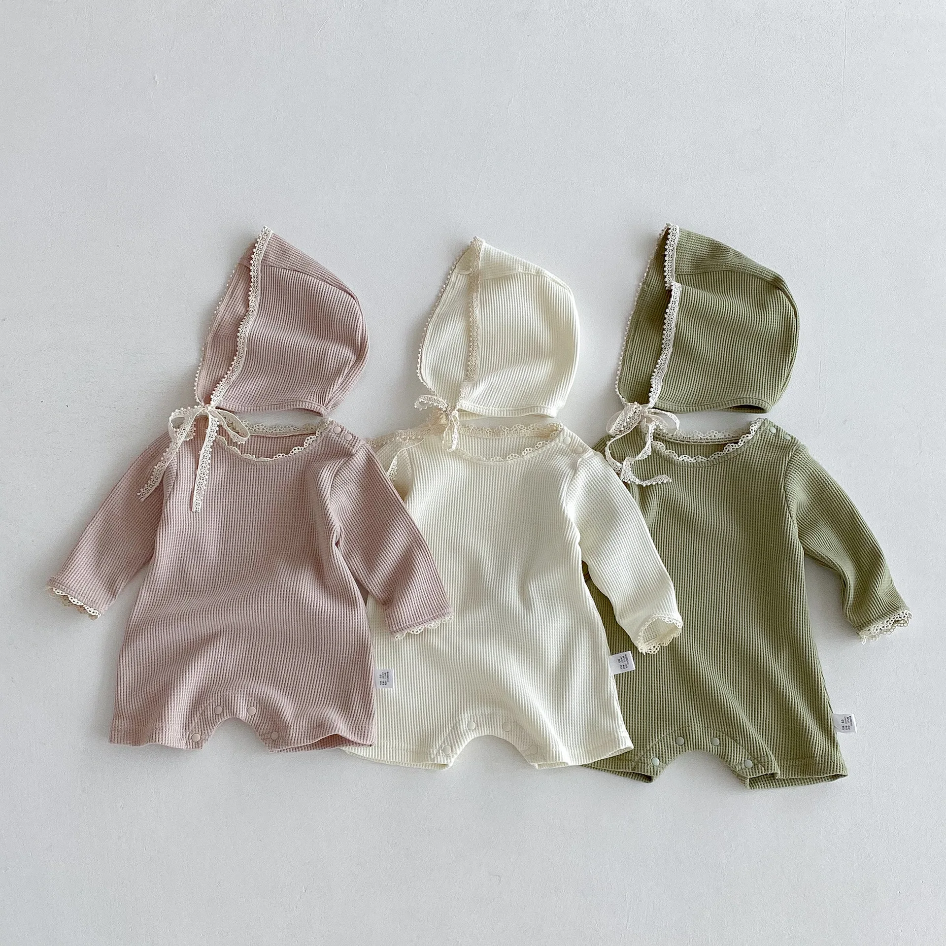 

2025 Autumn New Baby Long Sleeve Romper + Hat Waffle Cotton Infant Girl Solid Lace Jumpsuit Newborn Toddler Clothes 0-24M