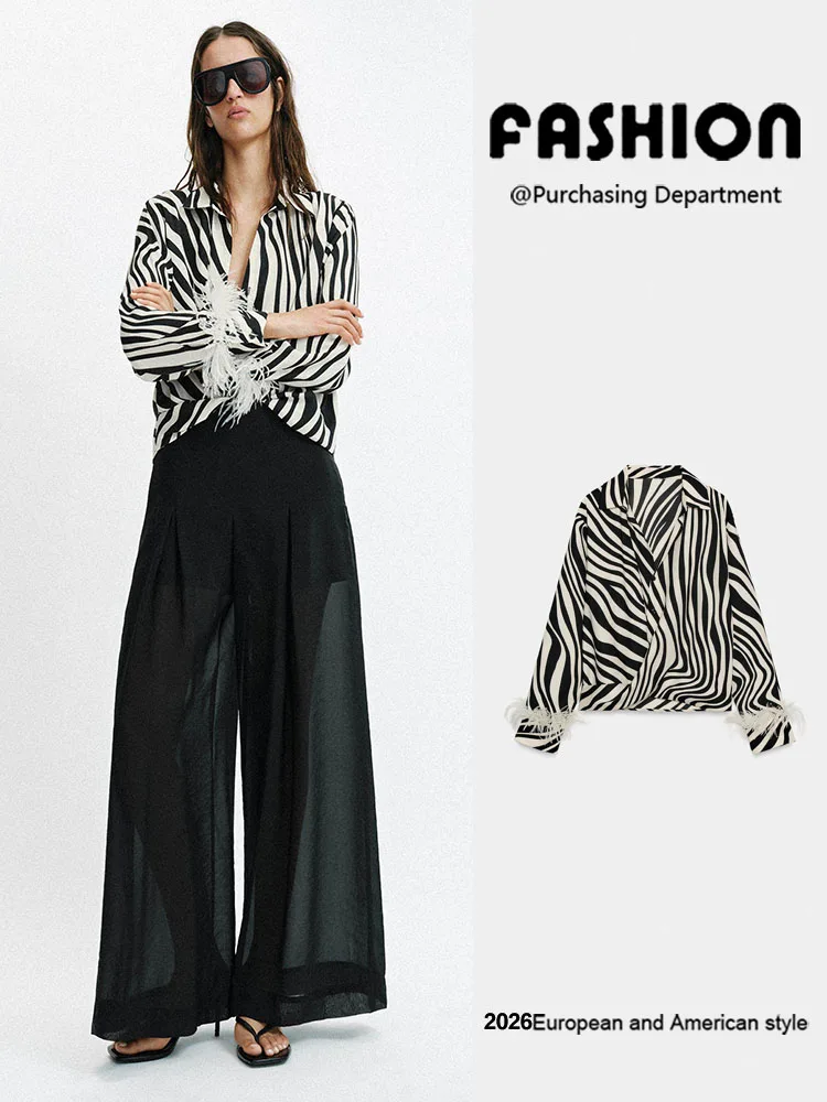 Spring New Arrival Women's Casual Long Sleeve Collared Animal Feather Print Shirt European Style down Filling Other 100%