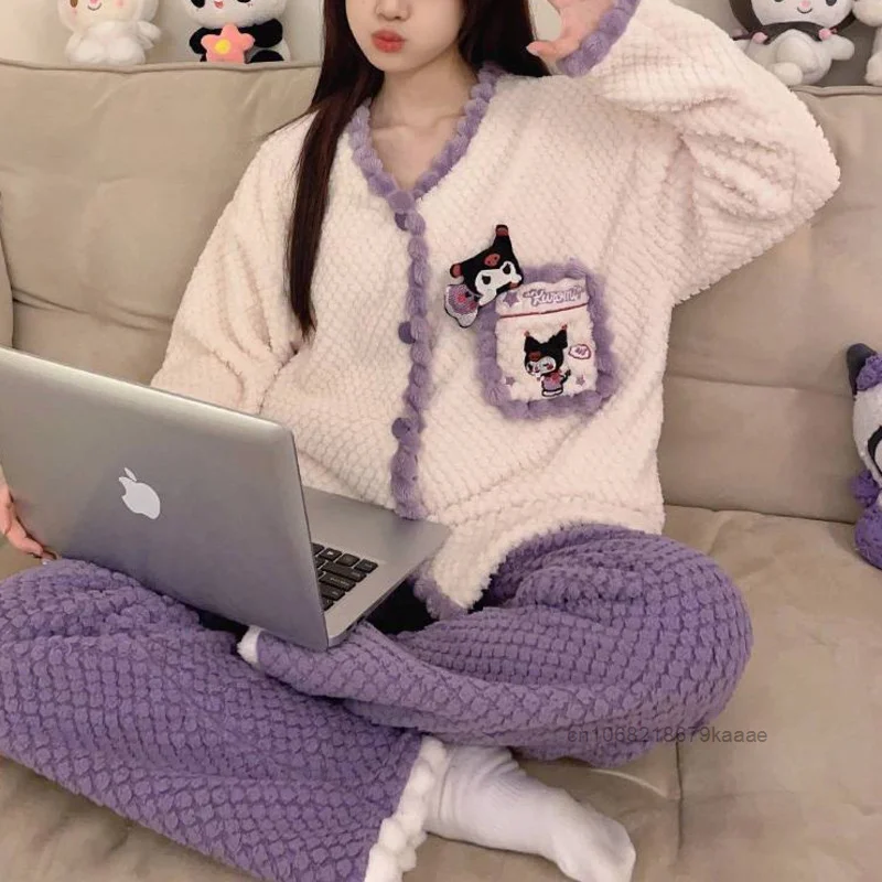 Sanrio Kuromi Autumn Winter Coral Velvet Warm Pajamas Women\'s Thickened Flannel Home Clothes Set Japanese Style Kawaii Sleepwear